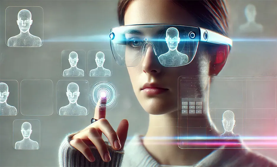 Frau mit futuristischer AR-Brille, die digitale Avatare und Interface-Elemente berührt und steuert - Media Beats GmbH