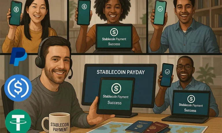 Lächelnde Menschen in Video-Call und Mann am Schreibtisch zeigen erfolgreiche Stablecoin-Zahlungen auf mobilen Geräten und Monitoren - Media Beats GmbH