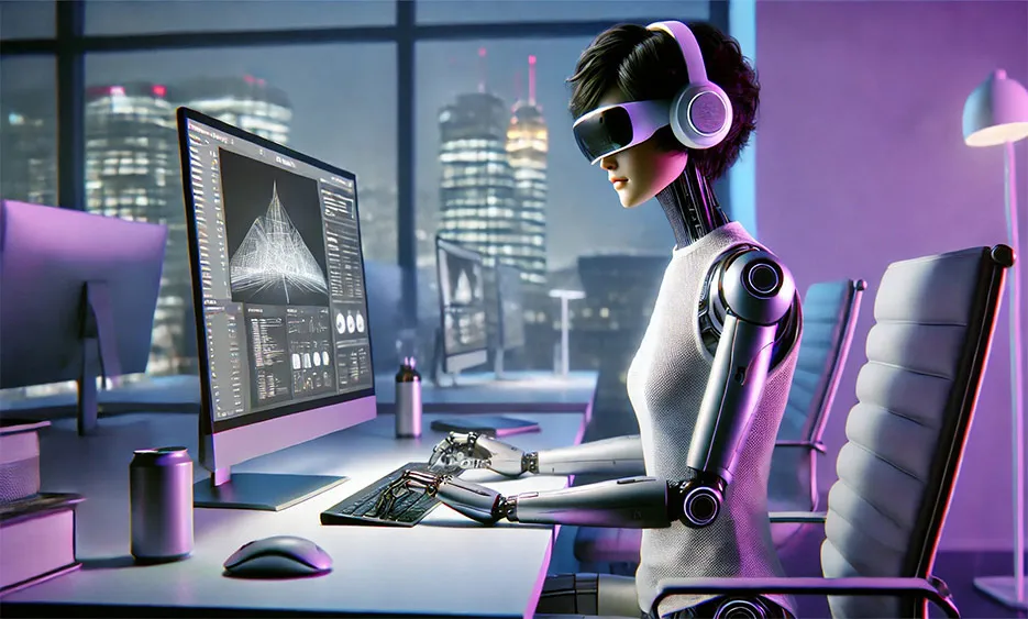 Roboterfrau mit VR-Brille arbeitet konzentriert an Desktop-PC in modernem Büro mit nächtlicher Stadtansicht - Media Beats GmbH