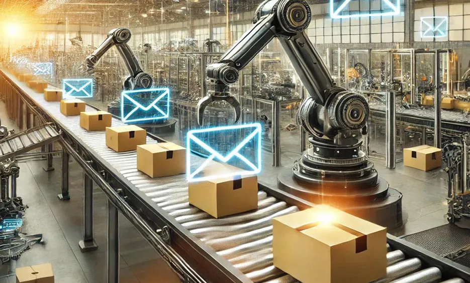 Industrieroboter verarbeiten Pakete auf Förderband mit leuchtenden E-Mail-Symbolen in moderner Fabrikumgebung - Media Beats GmbH