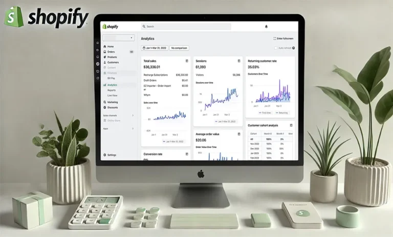 Desktop-Computer mit Shopify-Analytics-Dashboard auf dem Bildschirm, umgeben von Pflanzen und Büroaccessoires - Media Beats GmbH