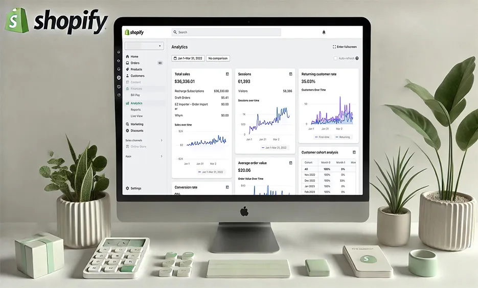 Desktop-Computer mit Shopify-Analytics-Dashboard auf dem Bildschirm, umgeben von Pflanzen und Büroaccessoires - Media Beats GmbH