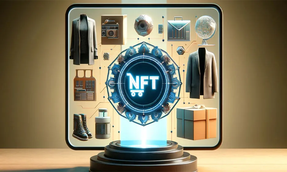 Digitales Display mit holografischem NFT-Logo und verschiedenen Produktabbildungen wie Kleidung, Schuhe und Accessoires - Media Beats GmbH