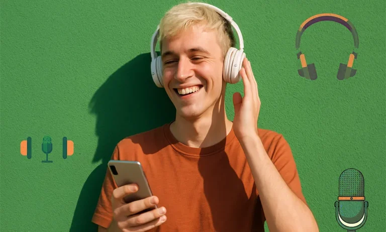 Junger Mann mit weißen Kopfhörern lächelt und hält Smartphone vor grüner Wand mit Musik- und Mikrofon-Symbolen - Media Beats GmbH