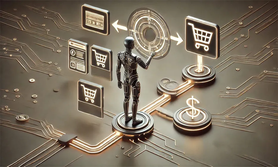 Roboterfigur interagiert mit digitalen Icons von Warenkorb, Dokumenten und Dollarzeichen auf leuchtendem Schaltkreis - Media Beats GmbH