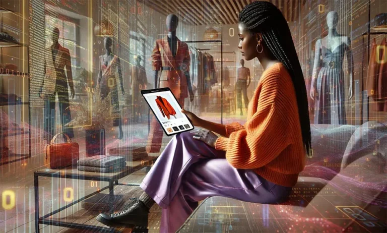Frau mit Tablet im Modegeschäft, umgeben von digitalen Daten und virtuellen Kleidungsauslagen - Media Beats GmbH