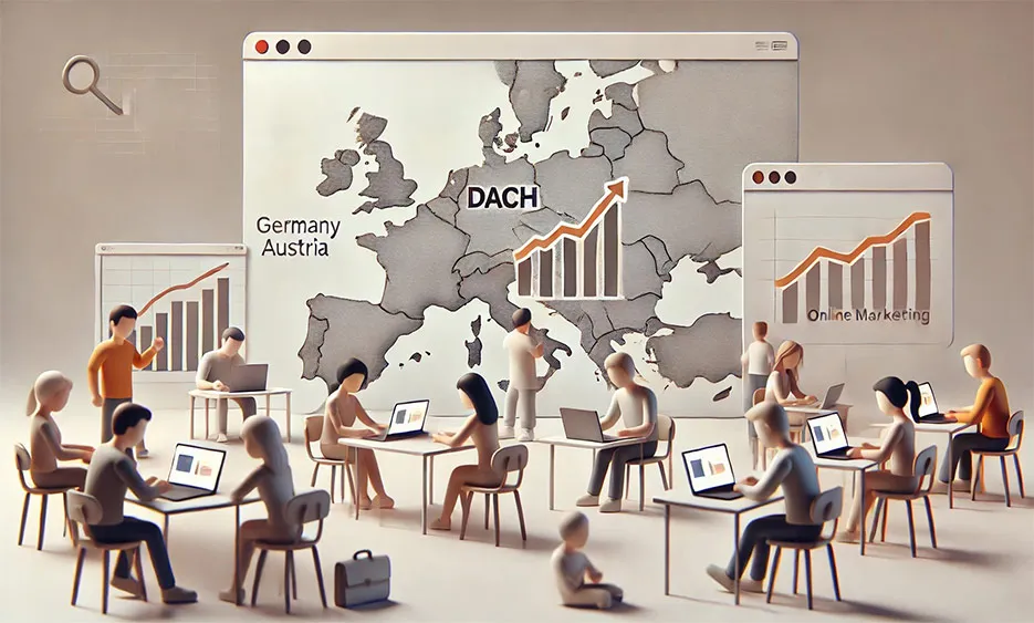 Illustration von Personen in Konferenzraum mit Landkarte von DACH-Region und Deutschland, Charts mit steigendem Online-Marketing-Erfolg - Media Beats GmbH