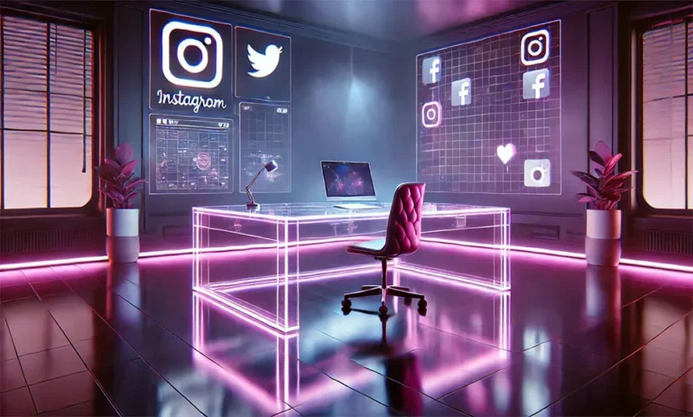 Futuristisches Büro mit transparentem Tisch und Stuhl, leuchtenden Instagram- und Twitter-Logos an den Wänden - Media Beats GmbH