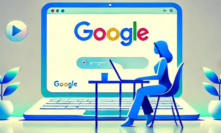 Illustration einer Frau, die an einem Schreibtisch vor einem großen Laptop mit Google-Suchseite arbeitet - Media Beats GmbH
