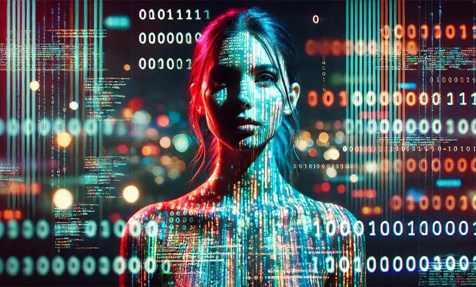 Frau mit digitaler Projektion aus binären Codes und Daten umgeben, futuristische Darstellung von KI-Agenten - Media Beats GmbH