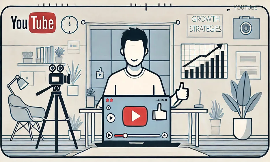 Illustration eines Mannes vor einem YouTube-Video-Interface mit Kamera, Pflanzen und Wachstumsdiagramm im Hintergrund - Media Beats GmbH