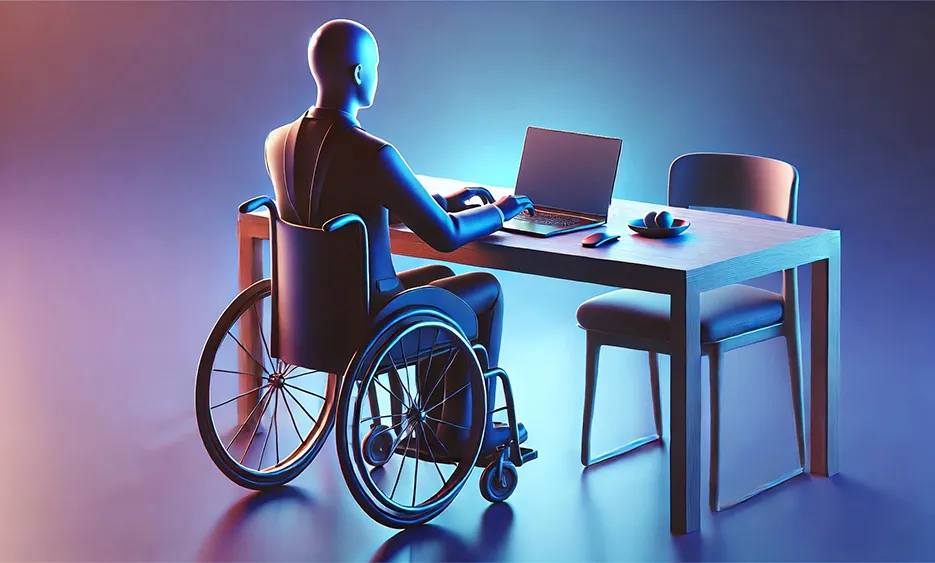 Symbolische Darstellung eines Rollstuhlfahrers am Schreibtisch mit Laptop in futuristischer, blau-violetter Beleuchtung – Barrierefreiheitsstärkungsgesetz (BFSG) Thema – Media Beats GmbH