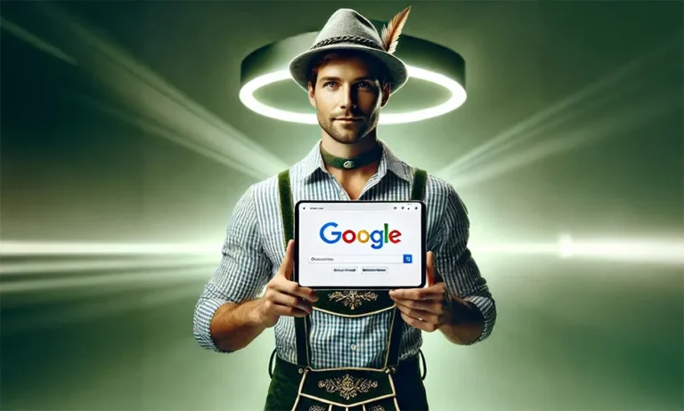 Mann in bayerischer Tracht zeigt Tablet mit Google Suche, Online Ads im deutschen Markt
