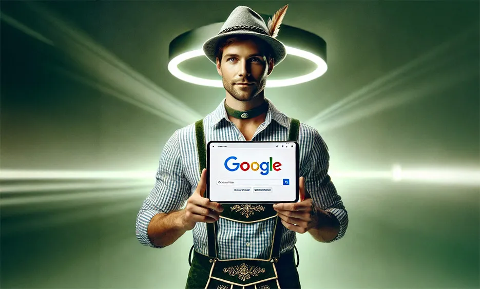 Mann in bayerischer Tracht zeigt Tablet mit Google Suche, Online Ads im deutschen Markt