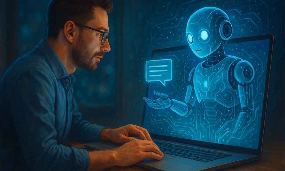 Mann arbeitet am Laptop, spricht mit einem holografischen Roboter auf dem Bildschirm, symbolisiert KI im Suchmaschinenmarketing (SEA).