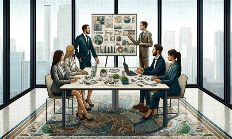 Team in Business-Kleidung bei Präsentation von Diagrammen und Statistiken in modernem Meetingraum mit Panoramafenstern - Media Beats GmbH