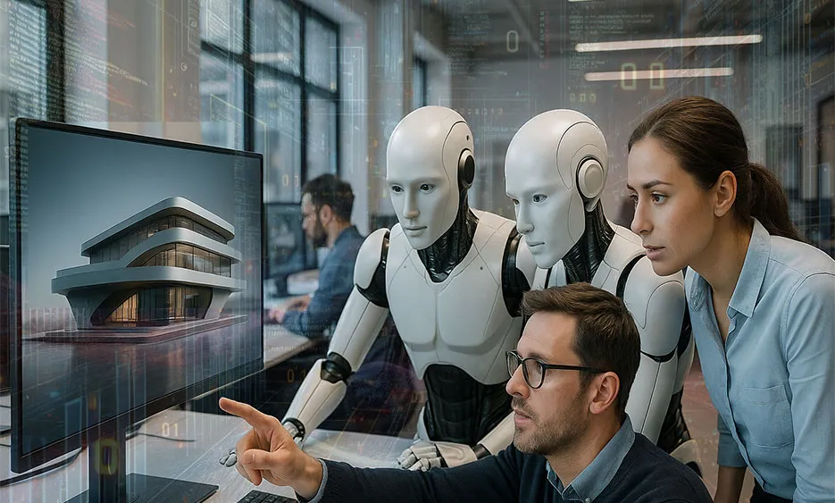 Menschliches Team und zwei Roboter analysieren moderne Architektur-Visualisierung am Computerbildschirm - Media Beats GmbH