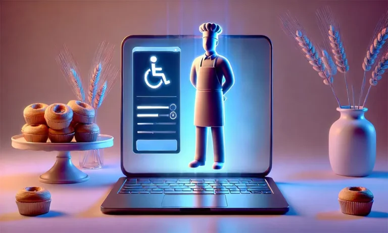 Digitaler Bäcker mit Barrierefreiheits-Symbol auf Laptopbildschirm, umgeben von Muffins und Getreideähren - Media Beats GmbH