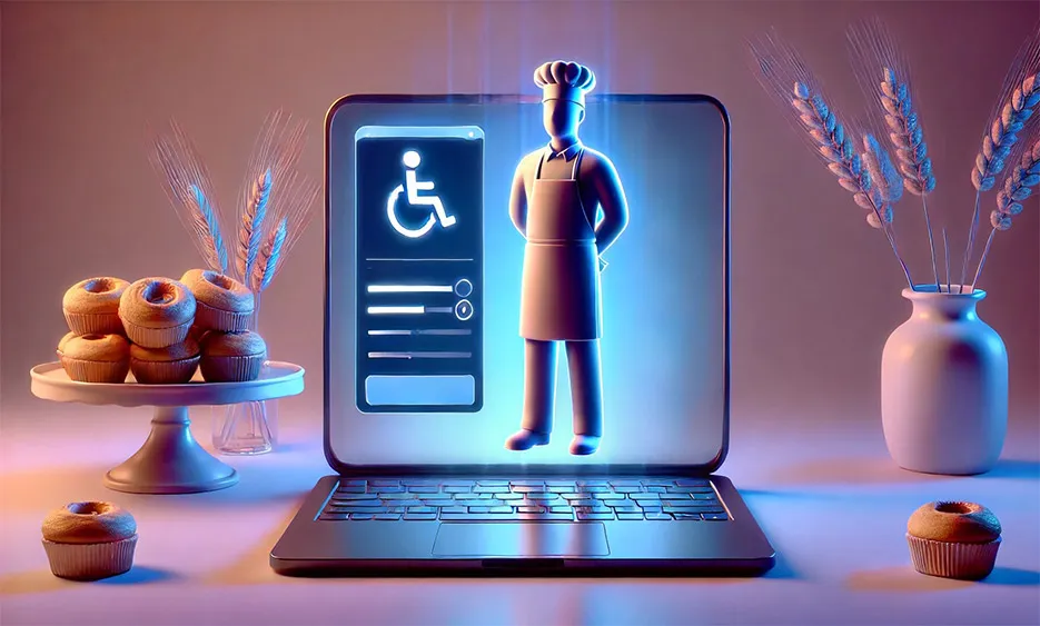 Digitaler Bäcker mit Barrierefreiheits-Symbol auf Laptopbildschirm, umgeben von Muffins und Getreideähren - Media Beats GmbH