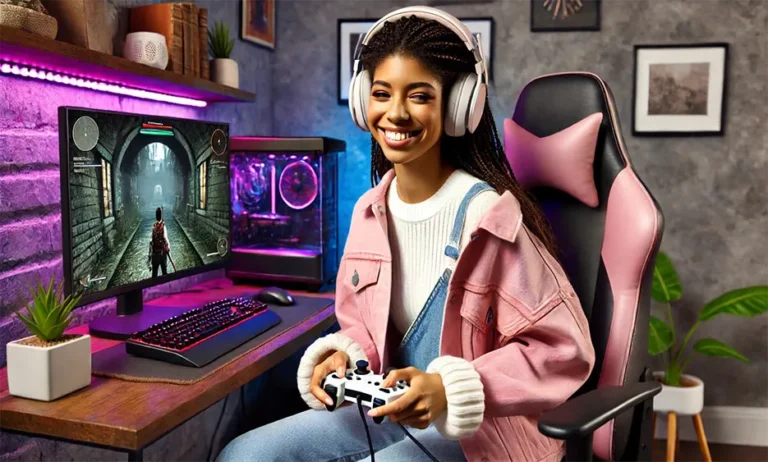 Junge Frau mit Kopfhörern sitzt lächelnd am Gaming-PC und spielt Videospiele, umgeben von buntem Licht - Media Beats GmbH