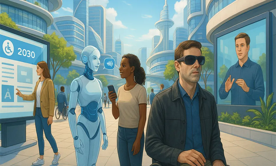 Zukunftsvision einer barrierefreien Stadt mit Menschen, einem Roboter und einer sehbehinderten Person mit Blindenstock - Media Beats GmbH