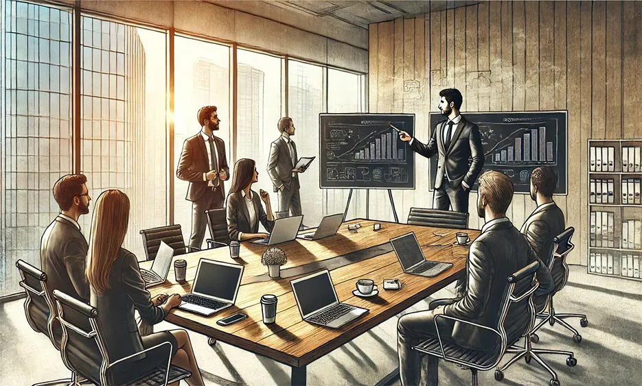 Professionelles Meeting in einem modernen Büro mit Business-Leuten in Anzügen, die einen Vortrag mit Diagrammen und Statistiken auf Tafeln verfolgen – Thema Bestandskundenmarketing und erfolgreicher Online-Geschäftsausbau – Media Beats GmbH