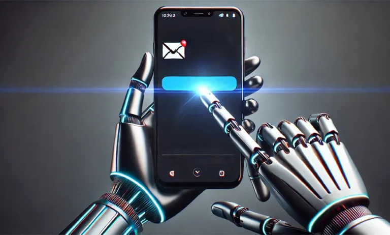 Roboterhände bedienen Smartphone mit blinkendem E-Mail-Benachrichtigungssymbol, symbolisiert automatisiertes E-Mail-Marketing – Media Beats GmbH