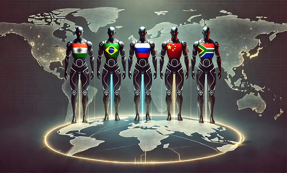 Fünf futuristische Roboterfiguren stehen vor einer Weltkarte, jeweils mit den Flaggen von Indien, Brasilien, Russland, China und Südafrika auf der Brust – symbolisiert die BRICS-Staaten im internationalen Marketing – Media Beats GmbH