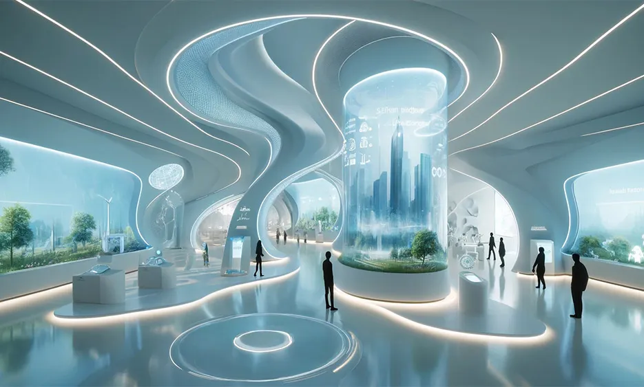 Futuristische Messehalle mit holografischen Displays und Besuchern bei der CES 2025 – Innovation und Technologie – Media Beats GmbH