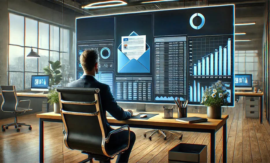 Mann im Büro sitzt vor großem Bildschirm mit Email-Marketing-Daten und Diagrammen – Media Beats GmbH