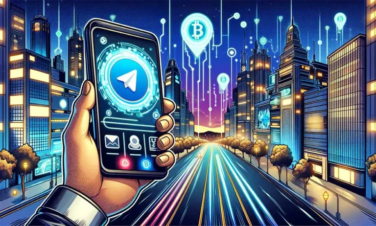 Hand hält Smartphone mit Telegram-App vor moderner Stadt bei Nacht mit Bitcoin- und Krypto-Symbolen – Media Beats