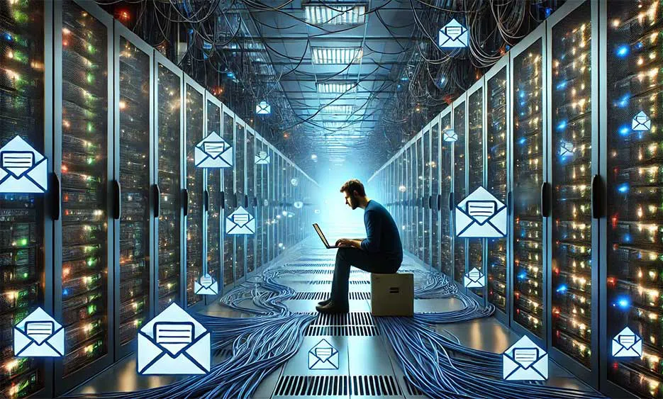 Mann arbeitet mit Laptop im Serverraum voller Datenkabel und E-Mail-Symbolen – Media Beats GmbH