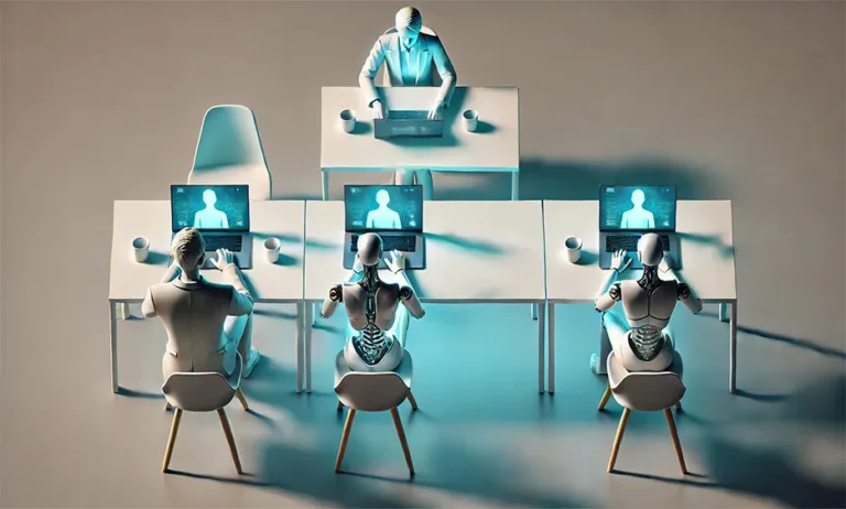 Roboter und Menschen arbeiten gemeinsam an Laptops im Büro – Deepseek AI Automatisierung – Media Beats GmbH