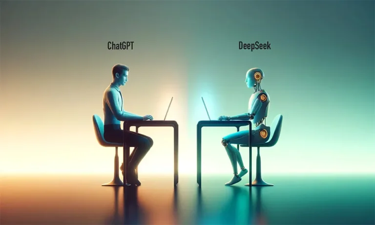 Menschliche Person und Roboter sitzen sich gegenüber und arbeiten an Laptops – DeepSeek AI und ChatGPT – Media Beats