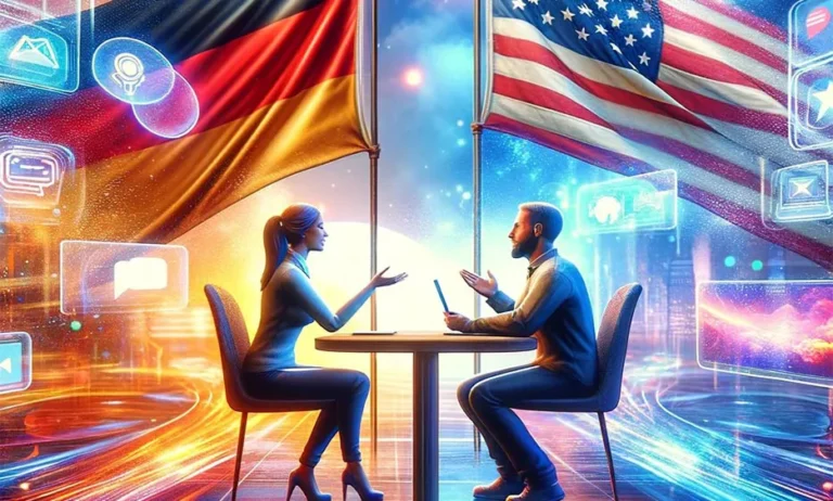 Zwei Personen sitzen am Tisch und diskutieren, im Hintergrund wehen deutsche und amerikanische Flaggen, digitale Icons schweben – Media Beats GmbH