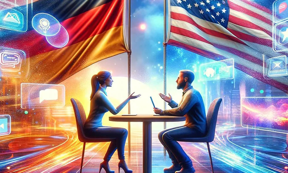 Zwei Personen sitzen am Tisch und diskutieren, im Hintergrund wehen deutsche und amerikanische Flaggen, digitale Icons schweben – Media Beats GmbH