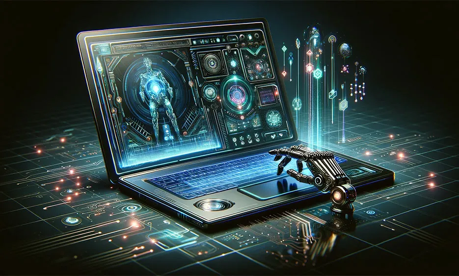 Duet AI: Roboterhand interagiert mit futuristischem Laptop mit holografischen Displays – Media Beats GmbH