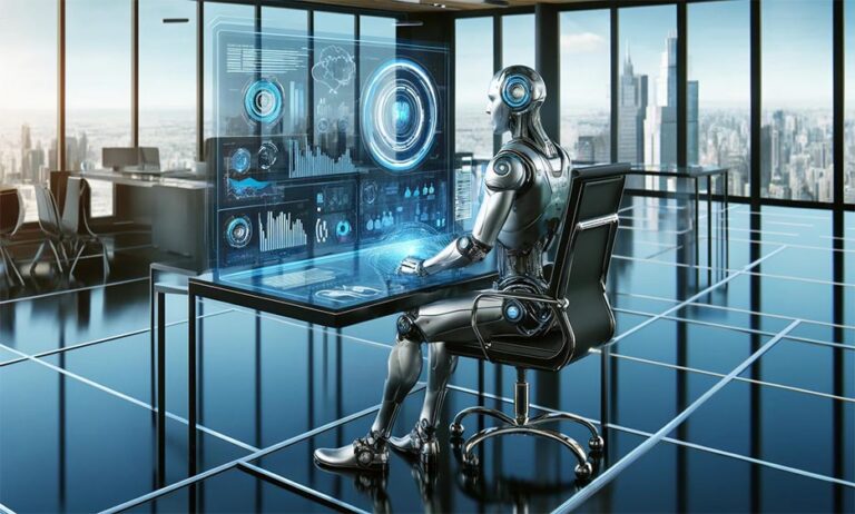 Roboter arbeitet an einem futuristischen holografischen Bildschirm im Büro mit Skyline im Hintergrund. - Media Beats