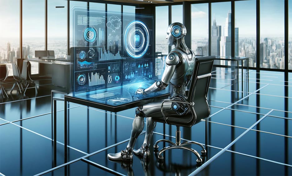 Roboter arbeitet an einem futuristischen holografischen Bildschirm im Büro mit Skyline im Hintergrund. - Media Beats