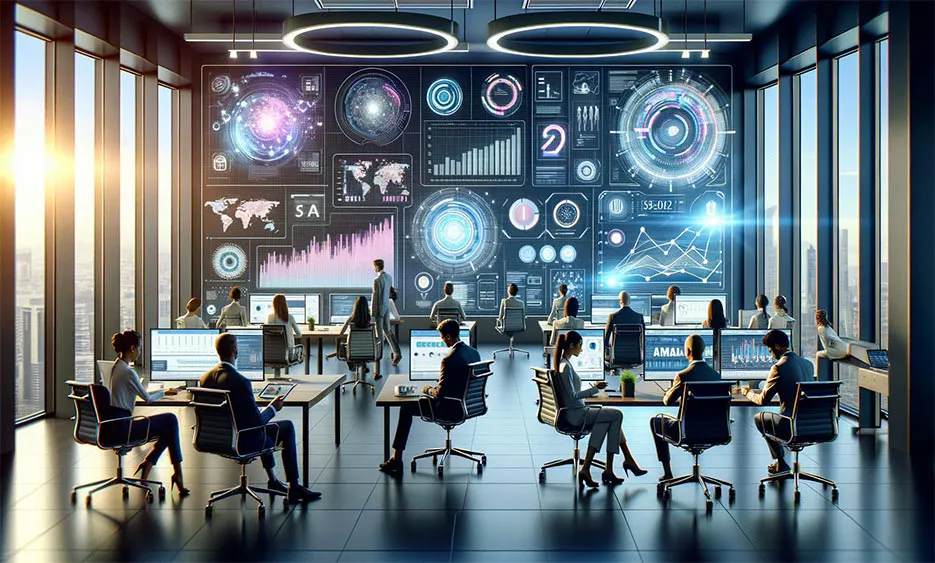 Team in modernem Büro analysiert Daten und Diagramme auf großen Bildschirmen – Media Beats