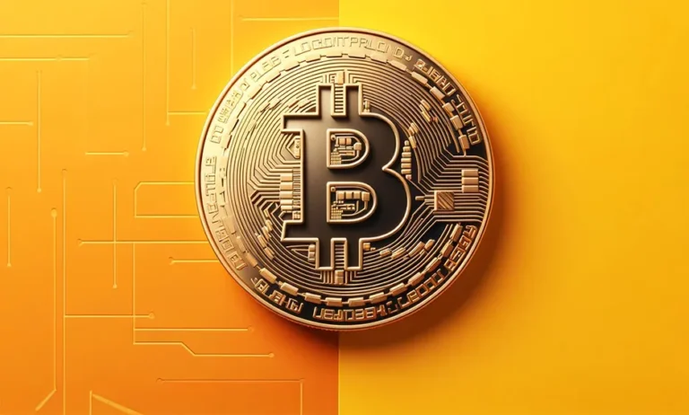 Goldener Bitcoin vor zweigeteiltem orangem Hintergrund – Media Beats
