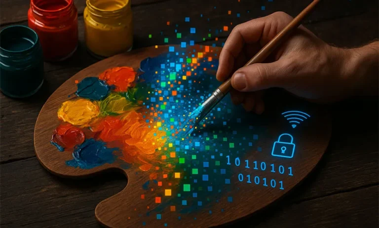Hand mit Pinsel vermischt Ölfarben auf einer Holzpalette, die sich in digitale Pixel, Binärcode und Symbole verwandeln – Media Beats