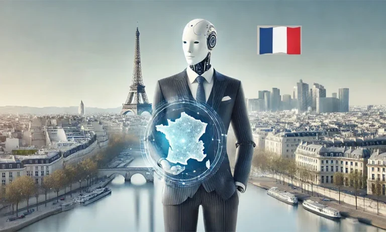 Roboter mit Anzug hält digitale Karte von Frankreich vor Paris mit Eiffelturm, französische Flagge – Media Beats