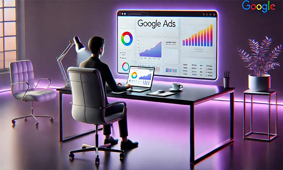 Mann sitzt am Schreibtisch vor großem Bildschirm mit Google Ads Statistiken, modernes Büro – Media Beats
