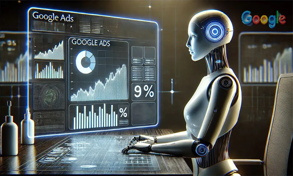 Roboter analysiert Google Ads Optimierungswerte auf digitalem Bildschirm – Media Beats GmbH