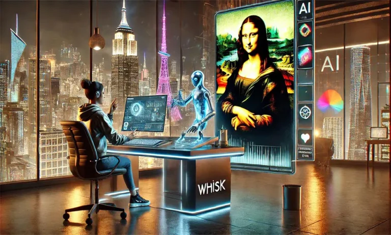 Person arbeitet mit KI-Roboter an digitaler Kunstsoftware mit Mona Lisa auf Bildschirm – Media Beats GmbH