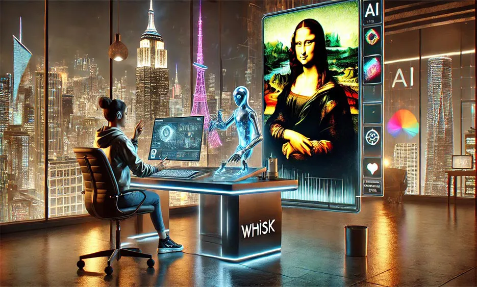 Person arbeitet mit KI-Roboter an digitaler Kunstsoftware mit Mona Lisa auf Bildschirm – Media Beats GmbH