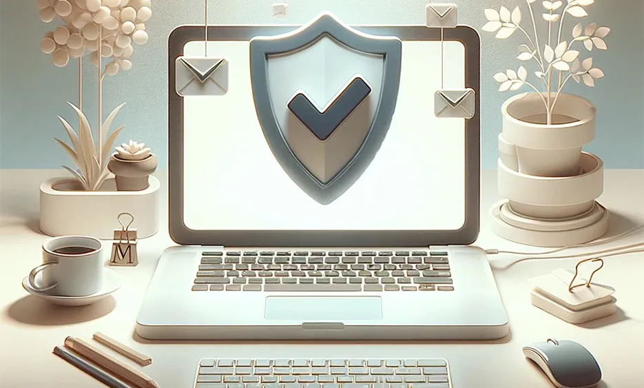 Laptop mit Schutzschild und Häkchen, Symbol für Sicherheit und Spam-Schutz – Media Beats