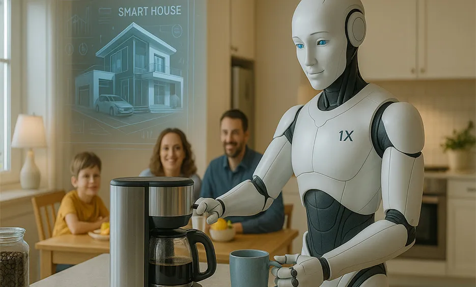Humanoider Roboter bereitet Kaffee im Smart Home vor, Familie im Hintergrund – Media Beats