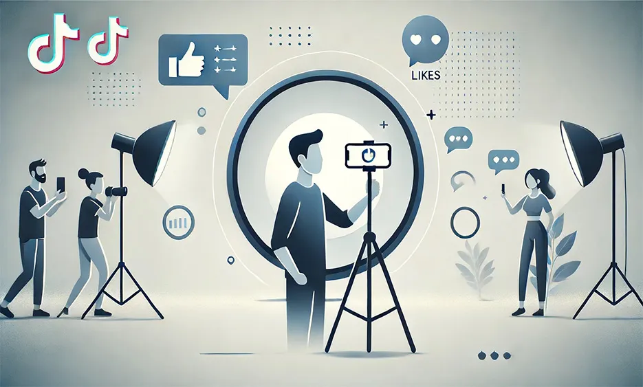 Illustration von Influencern beim Videodreh mit Smartphone und Kamerabeleuchtung, Social-Media-Symbole TikTok, Likes und Kommentare – Media Beats